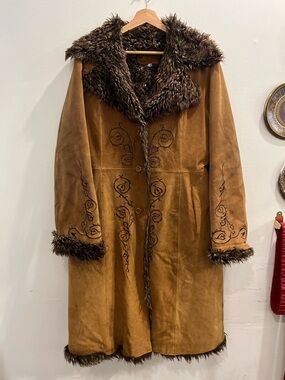 Faux Fur Trim Suede Afghan Coat